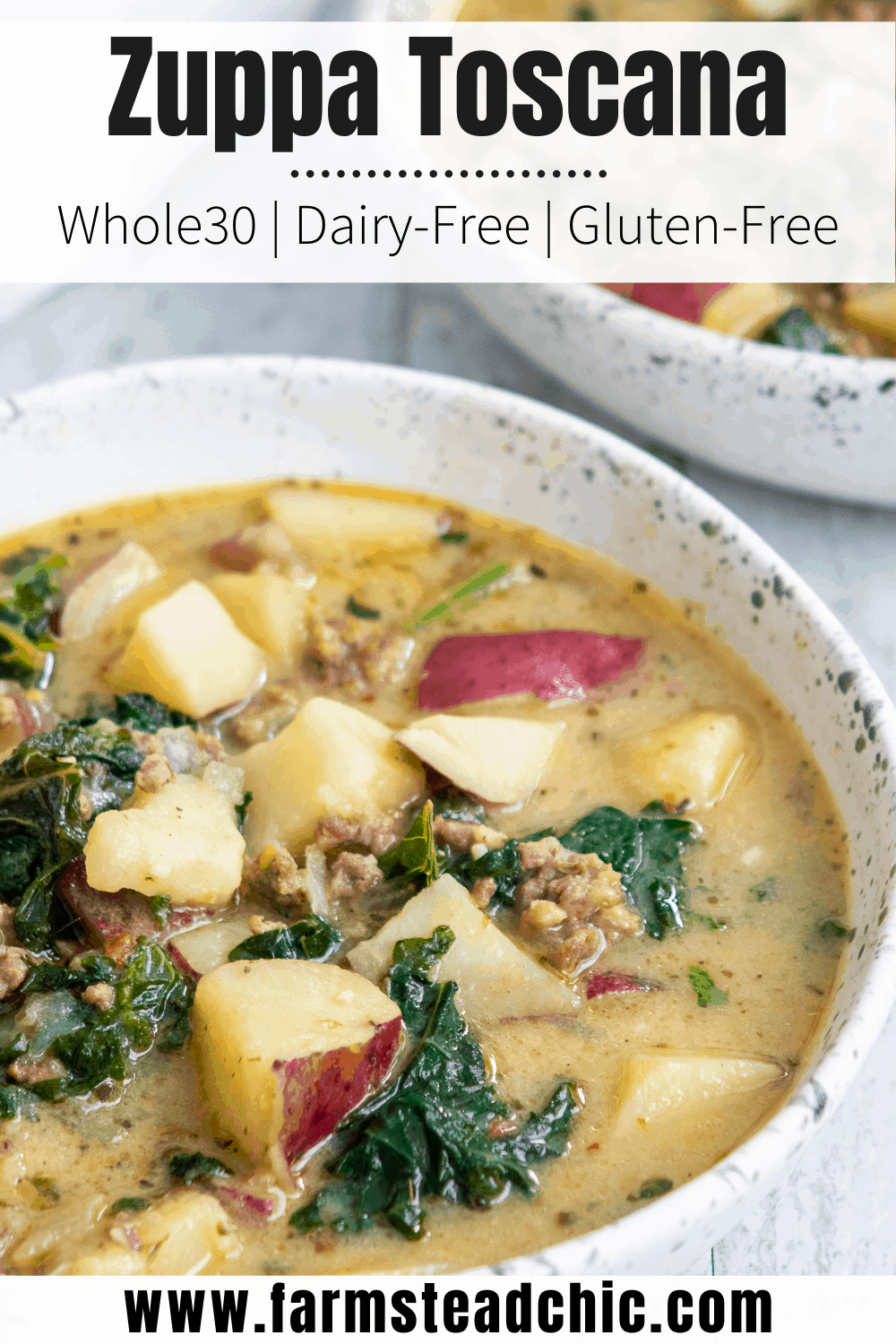 Cozy up to this Whole30 Zuppa Toscana (Dairy-Free Potato Soup Recipe) tonight! Packed with potatoes, sausage and fresh crunchy kale swimming in a lightly spiced broth, you'll think you're at Olive Garden (minus the guilt)! You'll fall in love with this healthy, dairy-free, gluten-free Olive Garden Zuppa Toscana copycat recipe once you give it a try.