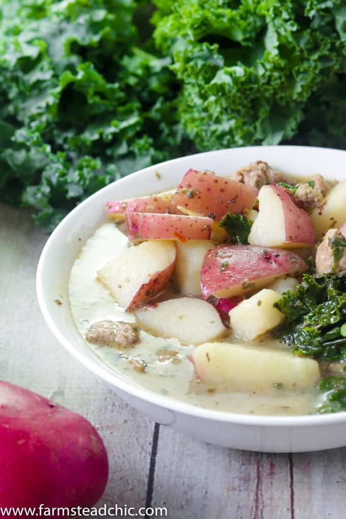 This Whole30 Zuppa Toscana is out of this world! With potatoes, Italian sausage and kale, it tastes just like the Olive Garden equivalent, but it's healthy!