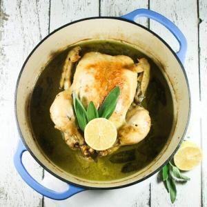 This Paleo & Whole30 Roasted Chicken in Coconut Milk is so delicious and super easy to make, requiring only six ingredients: olive oil, coconut milk, garlic, lemons, sage, and cinnamon (+S&P)!