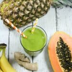 This Pineapple Papaya Green Smoothie is a true tropical treat. The pineapple and papaya make it sweet and luscious while the ginger keeps things exciting.