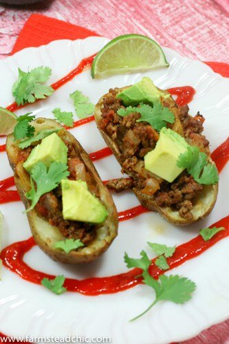 These Whole30 Beefy Taco Potato Skins are crispy and buttery, filled with savory taco meat, tomatoes + onions with an endless array of toppings. Dairy-free!