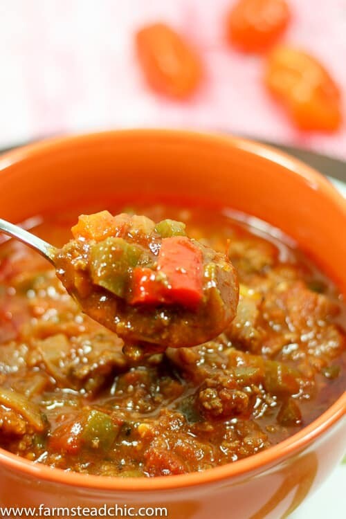 Pepper lovers rejoice! This Paleo and Whole30 Five Pepper Soup is so fun and colorful! Beefy, zesty and spicy with a hint of (natural) sweetness, it's full of bell, poblano, Anaheim  jalapeño and habanero peppers! Dairy free, gluten free, grain free, guilt free.