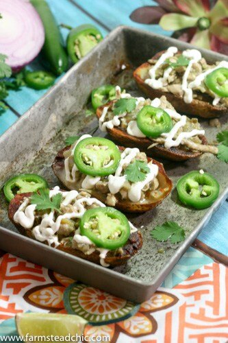 These Whole30 White Chicken Chili Potato Skins are the perfect blend of savory, spicy white chicken chili spooned into salty, crispy, buttery potato skins. Gluten free + dairy free and full of healthy goodness.