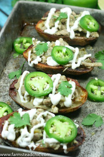 These Whole30 White Chicken Chili Potato Skins are the perfect blend of savory, spicy white chicken chili spooned into salty, crispy, buttery potato skins. Gluten free + dairy free and full of healthy goodness.