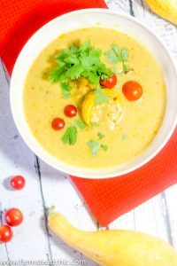 This Paleo and Whole30 Creamy Curry Summer Squash Soup is creamy, spicy and bursting with flavor yet still wholesome, healthy, dairy free and gluten free. Light and full of fresh-from-the-garden veggies, serve it alongside a small salad for a perfect summertime lunch.