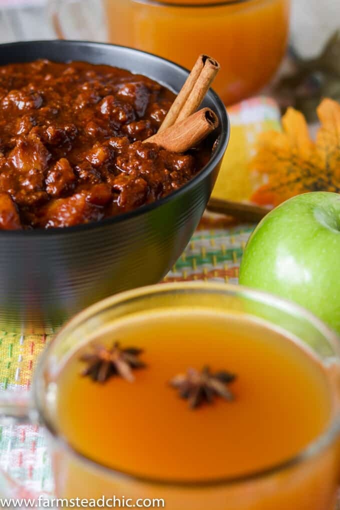 This Paleo and Whole30 Apple Cider Chili will warm your bones. Sweet apple cider, apples and cinnamon combine with chili powder for the perfect fall treat!