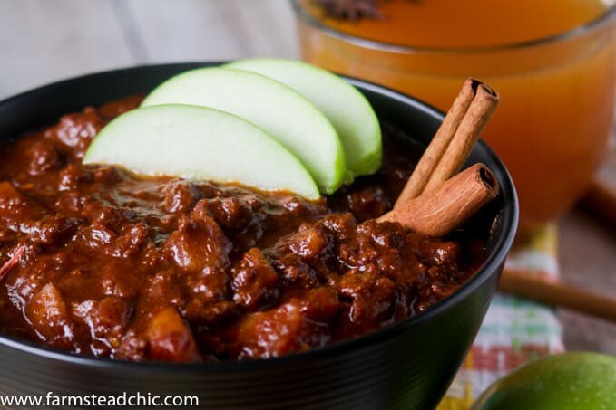 This Paleo and Whole30 Apple Cider Chili will warm your bones. Sweet apple cider, apples and cinnamon combine with chili powder for the perfect fall treat!