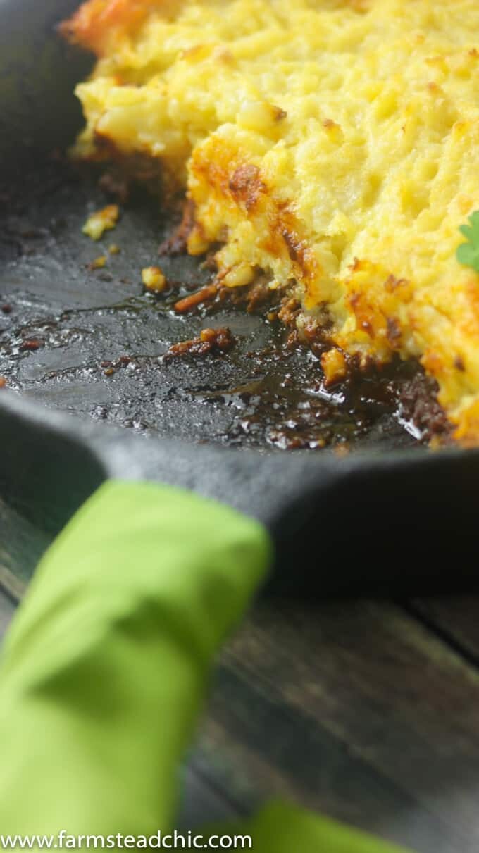 This Whole30 Shepherd's Pie is packed full of savory flavors like thyme and rosemary. Lamb meat is topped with fluffy, buttery mashed potatoes toasted to perfection under the broiler. Dairy free and gluten free. Use ground beef for a Whole30 Cottage Pie instead.