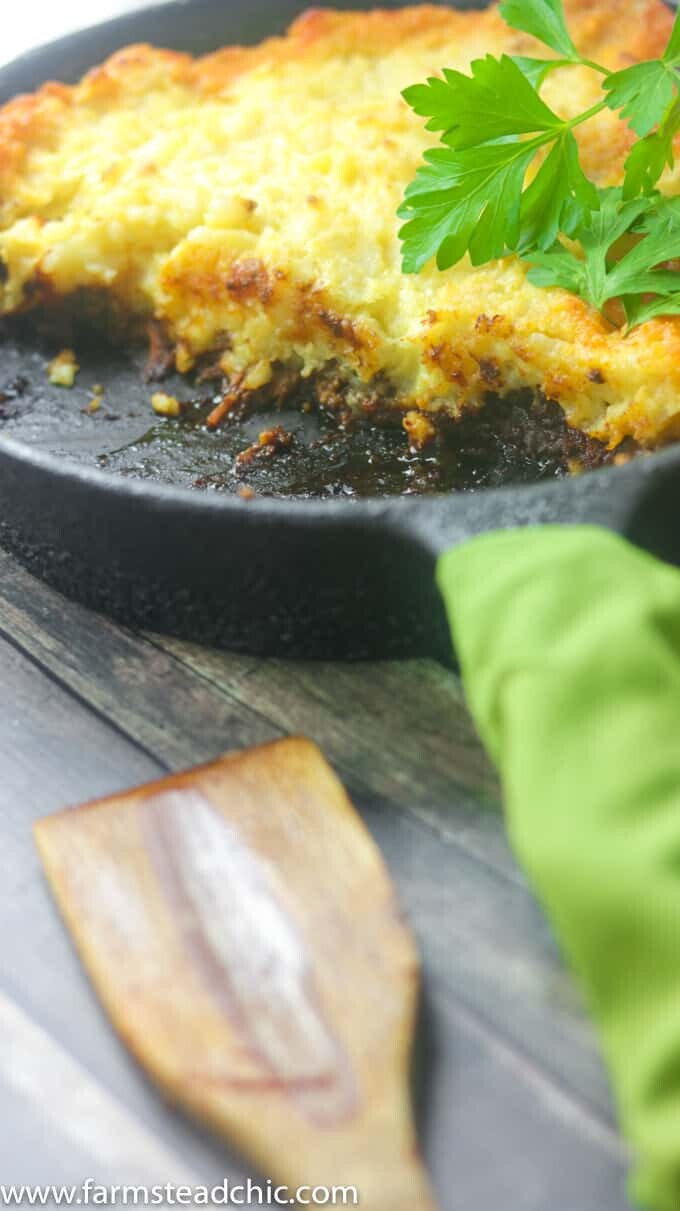 This Whole30 Shepherd's Pie is packed full of savory flavors like thyme and rosemary. Lamb meat is topped with fluffy, buttery mashed potatoes toasted to perfection under the broiler. Dairy free and gluten free. Use ground beef for a Whole30 Cottage Pie instead.