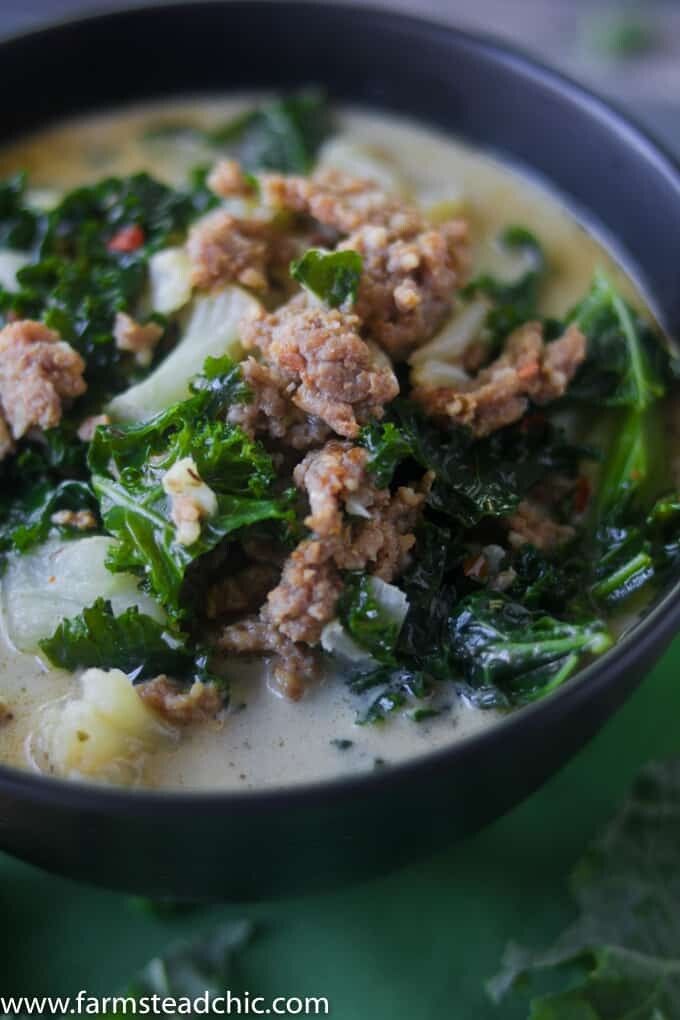 With this Creamy Keto Zuppa Toscana with Cauliflower, you can have your soup, stay low carb + eat it too! Dairy free, gluten free, Whole30, Paleo, low-carb.