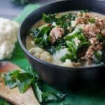 With this Creamy Keto Zuppa Toscana with Cauliflower, you can have your soup, stay low carb + eat it too! Dairy free, gluten free, Whole30, Paleo, low-carb.