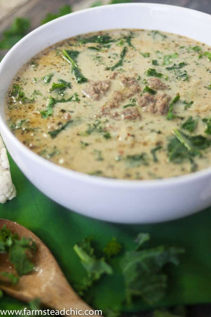 With this Creamy Keto Zuppa Toscana with Cauliflower, you can have your soup, stay low carb + eat it too! Dairy free, gluten free, Whole30, Paleo, low-carb.