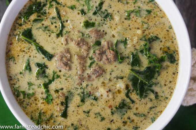 With this Creamy Keto Zuppa Toscana with Cauliflower, you can have your soup, stay low carb + eat it too! Dairy free, gluten free, Whole30, Paleo, low-carb.