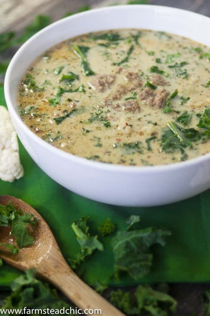 With this Creamy Keto Zuppa Toscana with Cauliflower, you can have your soup, stay low carb + eat it too! Dairy free, gluten free, Whole30, Paleo, low-carb.