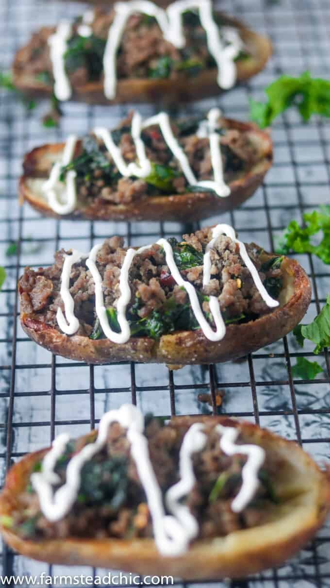 These crispy, buttery Dairy-Free and Whole30 Zuppa Toscana Potato Skins are packed full of Italian sausage and kale, bursting with flavors of garlic, Italian seasoning and crushed red pepper. 