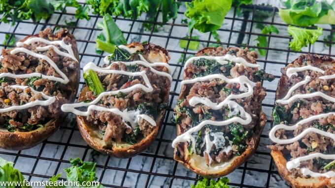 These crispy, buttery Dairy-Free and Whole30 Zuppa Toscana Potato Skins are packed full of Italian sausage and kale, bursting with flavors of garlic, Italian seasoning and crushed red pepper. 