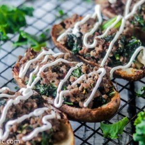 These crispy, buttery Dairy-Free and Whole30 Zuppa Toscana Potato Skins are packed full of Italian sausage and kale, bursting with flavors of garlic, Italian seasoning and crushed red pepper. 