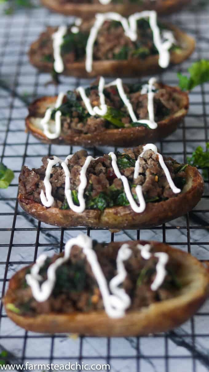 These crispy, buttery Dairy-Free and Whole30 Zuppa Toscana Potato Skins are packed full of Italian sausage and kale, bursting with flavors of garlic, Italian seasoning and crushed red pepper. 