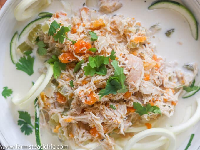 This Paleo and Whole30 Chicken Noodle Soup is gluten-free, grain-free and dairy-free with no added sugar or questionable ingredients. Traditional noodles are replaced with spiralized zucchini, or"zoodles," and the result is an incredibly tasty, truly healthy slow cooker meal with only eight ingredients! 