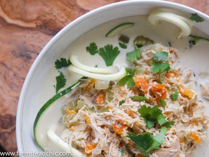 This Paleo and Whole30 Chicken Noodle Soup is gluten-free, grain-free and dairy-free with no added sugar or questionable ingredients. Traditional noodles are replaced with spiralized zucchini, or"zoodles," and the result is an incredibly tasty, truly healthy slow cooker meal with only eight ingredients! 