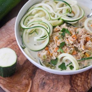 This Paleo and Whole30 Chicken Noodle Soup is gluten-free, grain-free and dairy-free with no added sugar or questionable ingredients. Traditional noodles are replaced with spiralized zucchini, or "zoodles," and the result is an incredibly tasty, truly healthy slow cooker meal with only eight ingredients! 