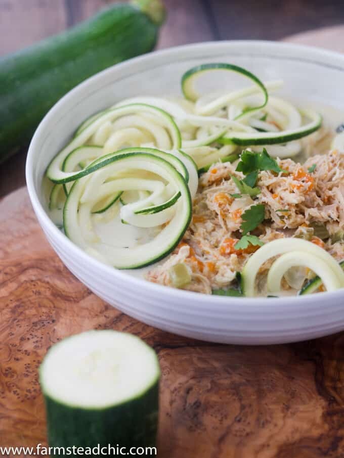 This Paleo and Whole30 Chicken Noodle Soup is gluten-free, grain-free and dairy-free with no added sugar or questionable ingredients. Traditional noodles are replaced with spiralized zucchini, or"zoodles," and the result is an incredibly tasty, truly healthy slow cooker meal with only eight ingredients! 