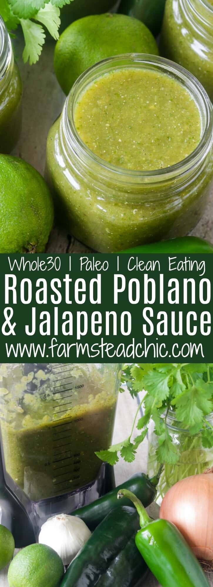 You'll love this Paleo and Whole30 Roasted Poblano Sauce. The roasted poblanos are super smoky, and the jalapeños give it just the right kick. Cilantro and lime juice balance out the smoke and spice, making this sauce perfect for drizzling on all the things! Vegan, vegetarian and dairy free.