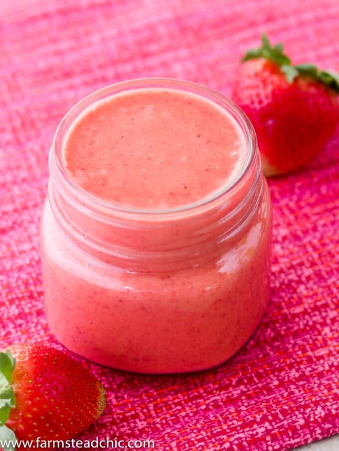 Get this this Paleo and Whole30 Strawberry Vinaigrette Dressing on your springtime dinner table! Made with only fresh strawberries, white wine vinegar, avocado oil and 100% pineapple juice, this fresh summer dressing is cheap, simple and easy. Primal, dairy free and vegetarian + vegan friendly!