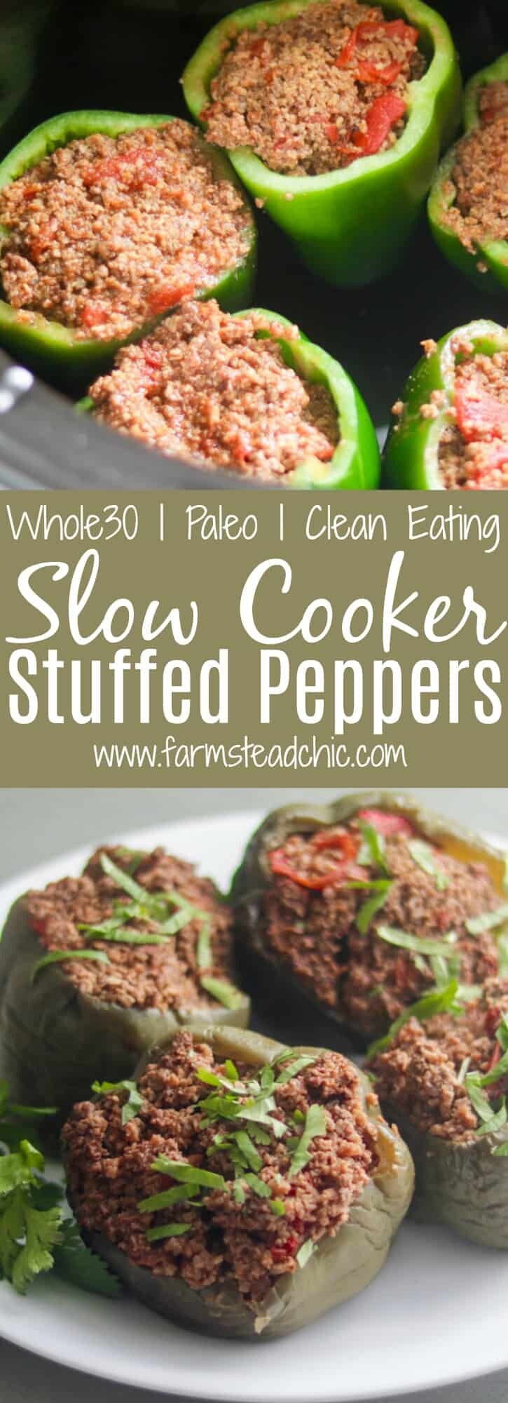 These Paleo and Whole30 Slow Cooker Stuffed Peppers are juicy + full of flavor. So easy and healthy - the perfect weeknight dinner. Low Carb, Primal, Keto, grain-free, gluten-free and dairy-free!