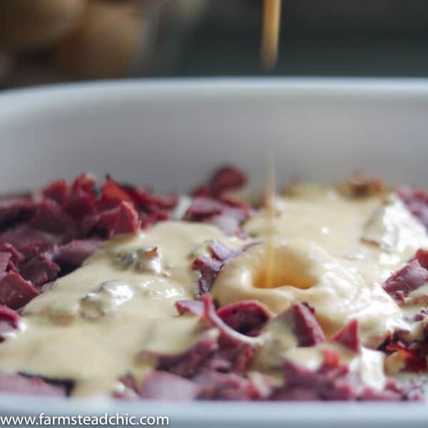 Low Carb, Keto Reuben Casserole with Swiss cheese and homemade Russian dressing