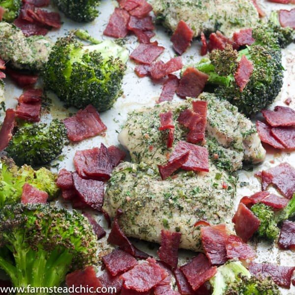 This Paleo and Whole30 Chicken Bacon Ranch Sheet Pan Dinner combines tender, juicy chicken thighs with roasted broccoli, crispy bacon and typical ranch dressing herbs and seasonings like chives, dill, parsley and onion and garlic powder into a one-dish, quick and tasty sheet pan dinner. Gluten free, grain free, dairy free, low carb.