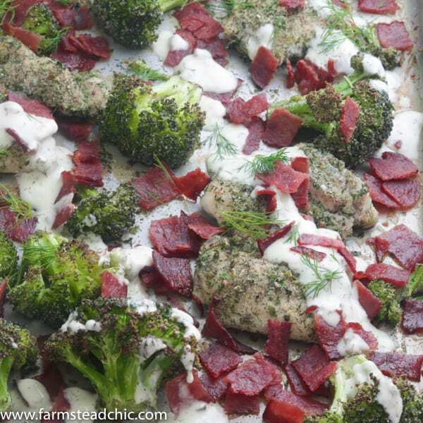 This Paleo and Whole30 Chicken Bacon Ranch Sheet Pan Dinner combines tender, juicy chicken thighs with roasted broccoli, crispy bacon and typical ranch dressing herbs and seasonings like chives, dill, parsley and onion and garlic powder into a one-dish, quick and tasty sheet pan dinner. Gluten free, grain free, dairy free, low carb.