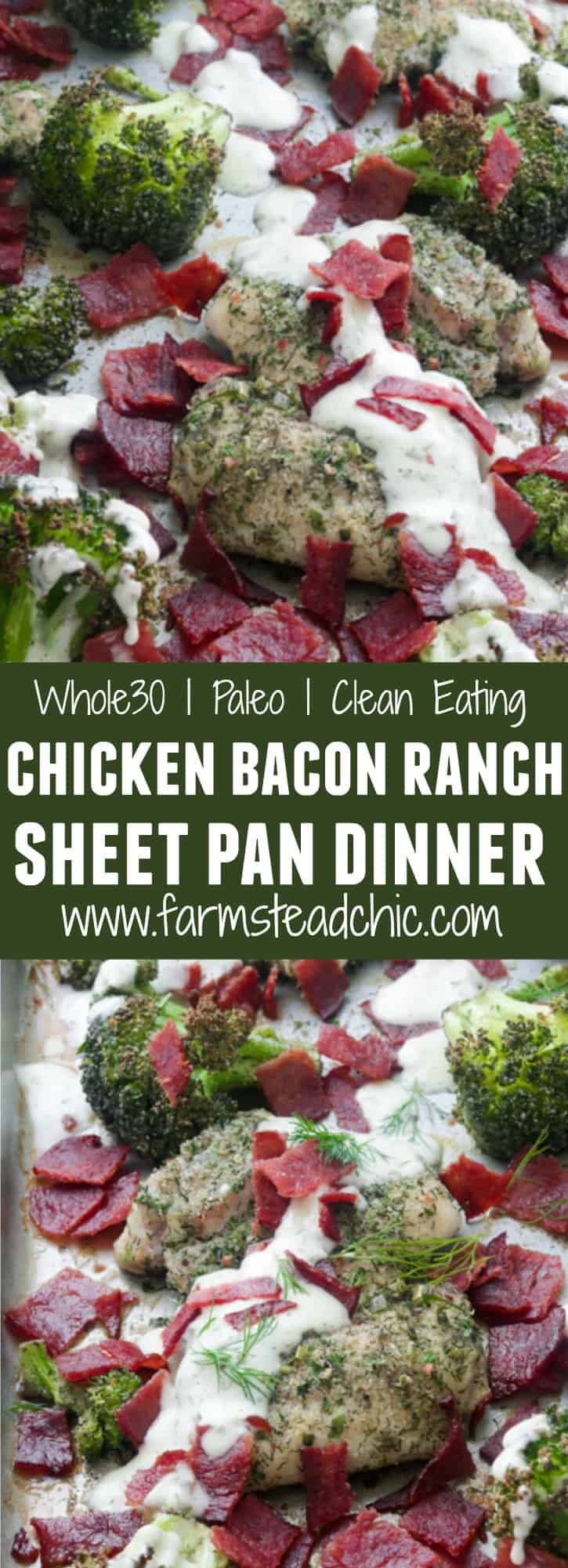 This Paleo and Whole30 Chicken Bacon Ranch Sheet Pan Dinner combines tender, juicy chicken thighs with roasted broccoli, crispy bacon and typical ranch dressing herbs and seasonings like chives, dill, parsley and onion and garlic powder into a one-dish, quick and tasty sheet pan dinner. Gluten free, grain free, dairy free, low carb.