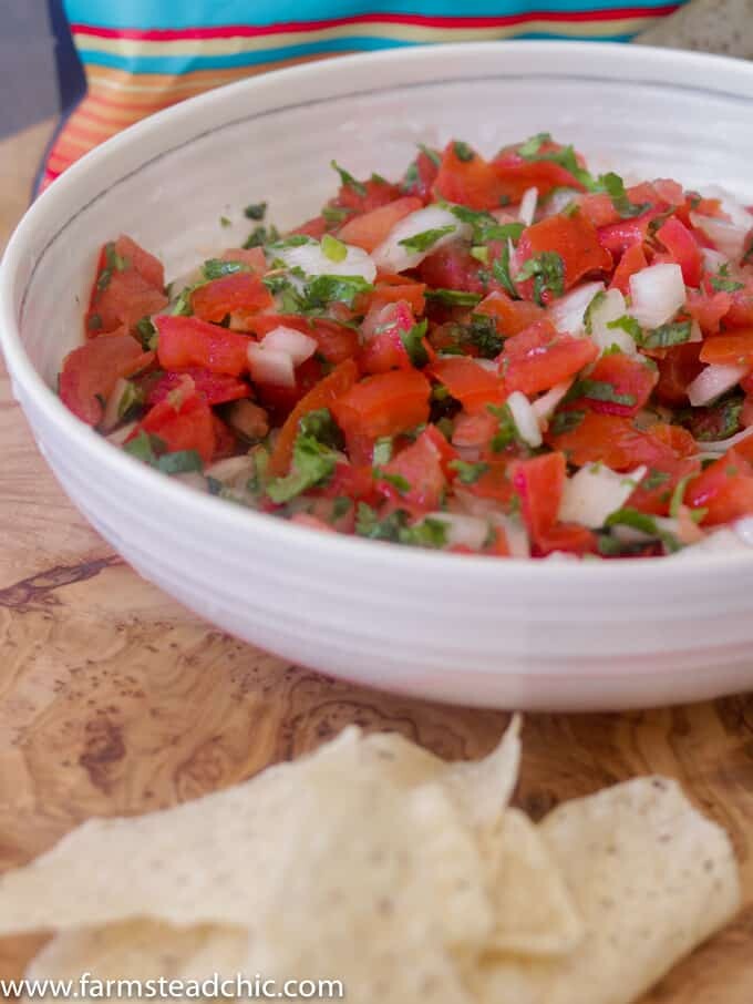 This Paleo and Whole30 Pico de Gallo is a quick and easy appetizer. Fresh tomatoes, onion, garlic, cilantro, lime juice and avocado oil and ten minutes are all you need. Vegan-, vegetarian-friendly.
