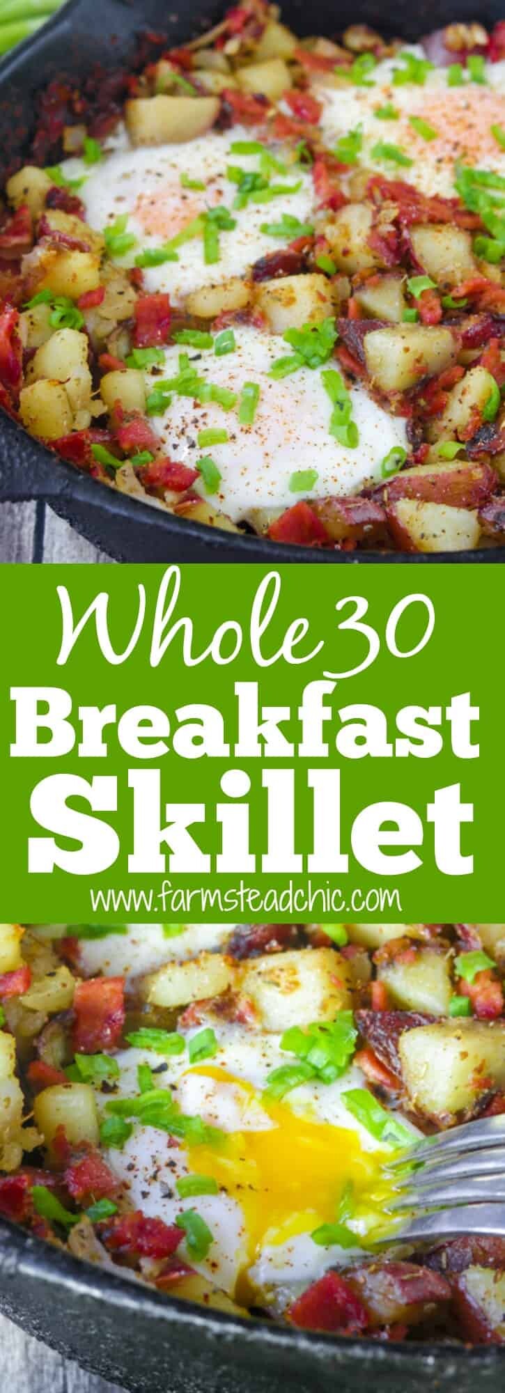 This Whole30 Breakfast Skillet is the perfect one-dish brunch! It's packed full of fresh veggies, herbs, eggs and bacon. Add it to your weekly rotation. #whole30 #cleaneating #farmsteadchic | www.farmsteadchic.com