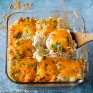 Keto Leftover Turkey "Noodle" Casserole on a blue background