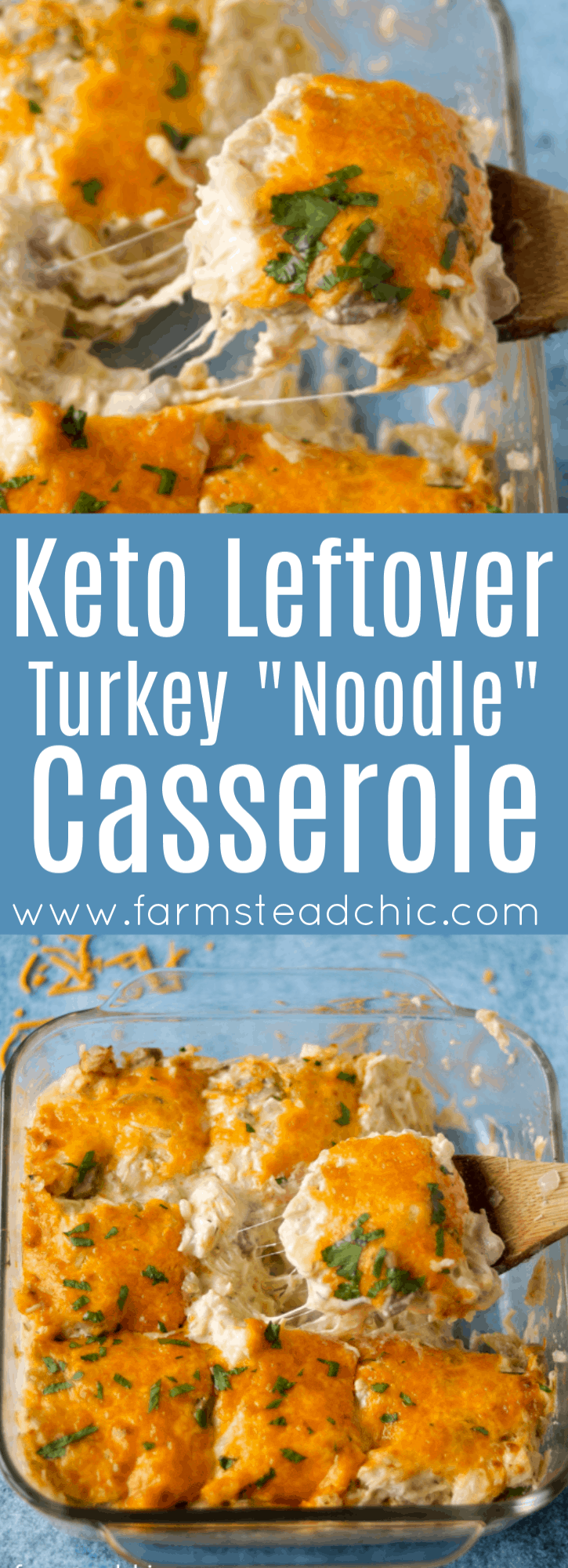 Keto Leftover Turkey"Noodle" Casserole on a blue background Pinterest graphic