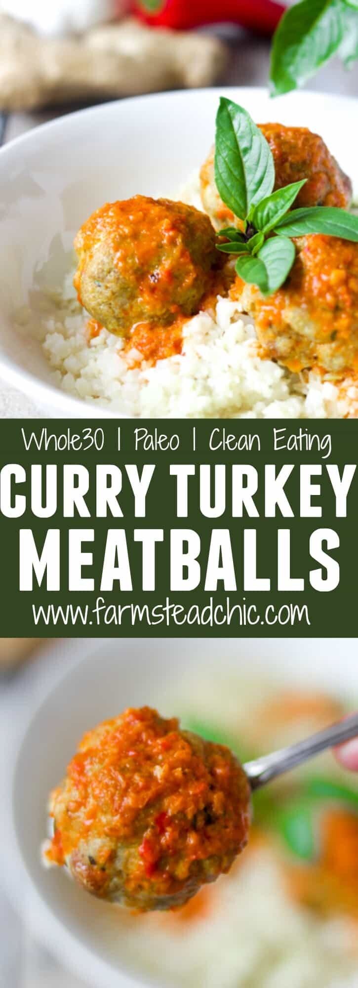 Low Carb, Keto Curry Turkey Meatballs served over cauliflower rice and topped with red curry sauce and fresh Thai basil