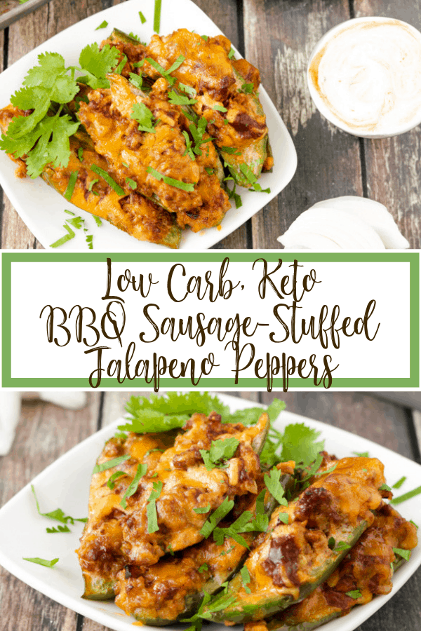 jalapeños stuffed with BBQ and sausage, topped with cheese and cilantro Pinterest graphic