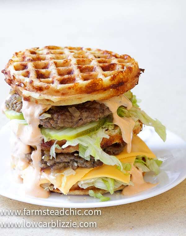 The perfect Chaffle bun, super thin, juicy, perfectly seasoned hamburger patty, crunchy dill pickles, shredded iceberg lettuce, American cheese and Thousand Island dressing make this Keto Big Mac Chaffle taste like the real thing without all the harmful additives and questionable ingredients.  #ketobigmac #bigmacchaffle #lowcarbbigmac #lowcarbburger #chaffle #farmsteadchic 