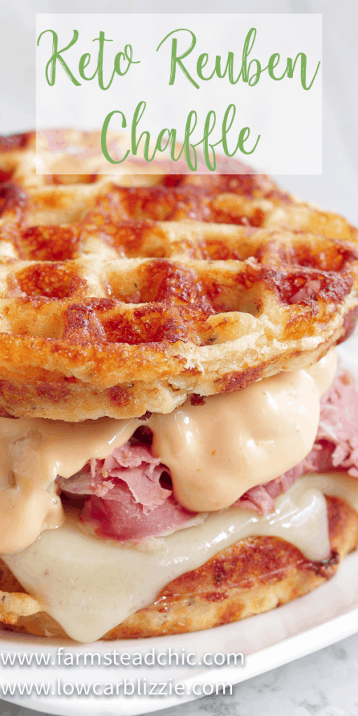 The perfect Chaffle bread, shaved corn beef, juicy sauerkraut, crunchy dill pickles, melty Swiss cheese and Thousand Island dressing make this Keto Reuben Chaffle taste better than the real thing without all the harmful additives and questionable ingredients.  #ketoreuben #reubenchaffle #lowcarbreuben #lowcarbsandwich #chaffle #farmsteadchic 