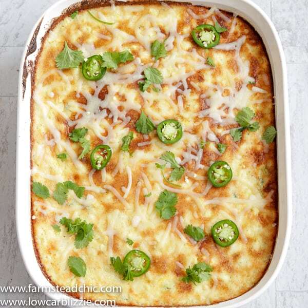 This Low Carb, Keto Jalapeño Corn Casserole is gluten free, grain free, moist, sweet and fluffy and filled with baby corn, juicy summer squash, fresh jalapeños and creamy cheese. | www.farmstmeadchic.com | #keto #lowcarb #glutenfree #grainfree #lowcarbcorncasserole #jalapenocorncasserole #farmsteadchic