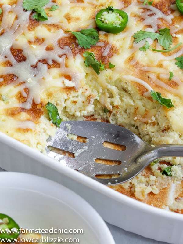 This Low Carb, Keto Jalapeño Corn Casserole is gluten free, grain free, moist, sweet and fluffy and filled with baby corn, juicy summer squash, fresh jalapeños and creamy cheese. | www.farmstmeadchic.com | #keto #lowcarb #glutenfree #grainfree #lowcarbcorncasserole #jalapenocorncasserole #farmsteadchic