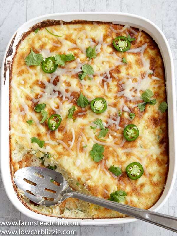 This Low Carb, Keto Jalapeño Corn Casserole is gluten free, grain free, moist, sweet and fluffy and filled with baby corn, juicy summer squash, fresh jalapeños and creamy cheese. | www.farmstmeadchic.com | #keto #lowcarb #glutenfree #grainfree #lowcarbcorncasserole #jalapenocorncasserole #farmsteadchic