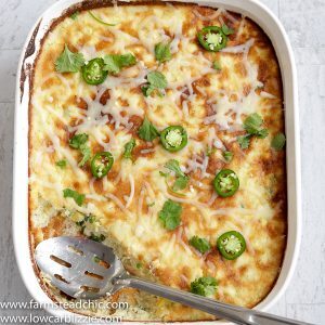 This Low Carb, Keto Jalapeño Corn Casserole is gluten free, grain free, moist, sweet and fluffy and filled with baby corn, juicy summer squash, fresh jalapeños and creamy cheese. | www.farmstmeadchic.com | #keto #lowcarb #glutenfree #grainfree #lowcarbcorncasserole #jalapenocorncasserole #farmsteadchic