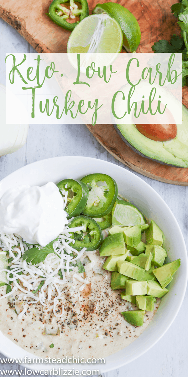 This Low Carb, Keto Leftover Turkey Chili is the perfect solution for your holiday turkey leftovers! Creamy, spicy and healthy, it's the perfect change of pace after a big day of eating. #grainfree #glutenfree #dairyfree #lowcarb #keto #whitechili #lowcarbchili #ketochili