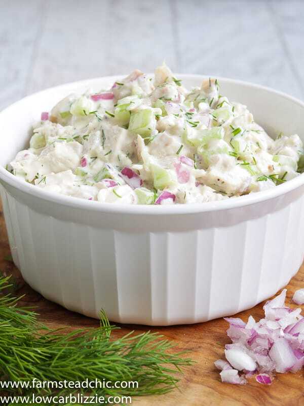 This Low Carb, Keto Leftover Turkey Salad made with mayonnaise, dijon mustard, red onion, celery and dill is a super easy, tasty way to use your holiday turkey leftovers and makes a creamy, crunchy, convenient lunch that requires no cooking. | www.farmsteadchic.com #leftoverturkey #ketoturkeysalad #lowcarbturkeysalad #leftoverturkeysalad #turkeysalad #farmsmteadchic 