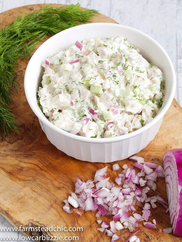 This Low Carb, Keto Leftover Turkey Salad made with mayonnaise, dijon mustard, red onion, celery and dill is a super easy, tasty way to use your holiday turkey leftovers and makes a creamy, crunchy, convenient lunch that requires no cooking. | www.farmsteadchic.com #leftoverturkey #ketoturkeysalad #lowcarbturkeysalad #leftoverturkeysalad #turkeysalad #farmsmteadchic 