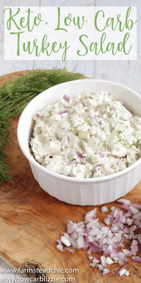 This Low Carb, Keto Leftover Turkey Salad made with mayonnaise, dijon mustard, red onion, celery and dill is a super easy, tasty way to use your holiday turkey leftovers and makes a creamy, crunchy, convenient lunch that requires no cooking. | www.farmsteadchic.com #leftoverturkey #ketoturkeysalad #lowcarbturkeysalad #leftoverturkeysalad #turkeysalad #farmsmteadchic