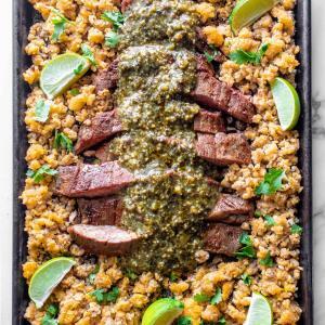 Paleo Flank Steak Fajitas with Plantain Rice and Chimichurri Sauce